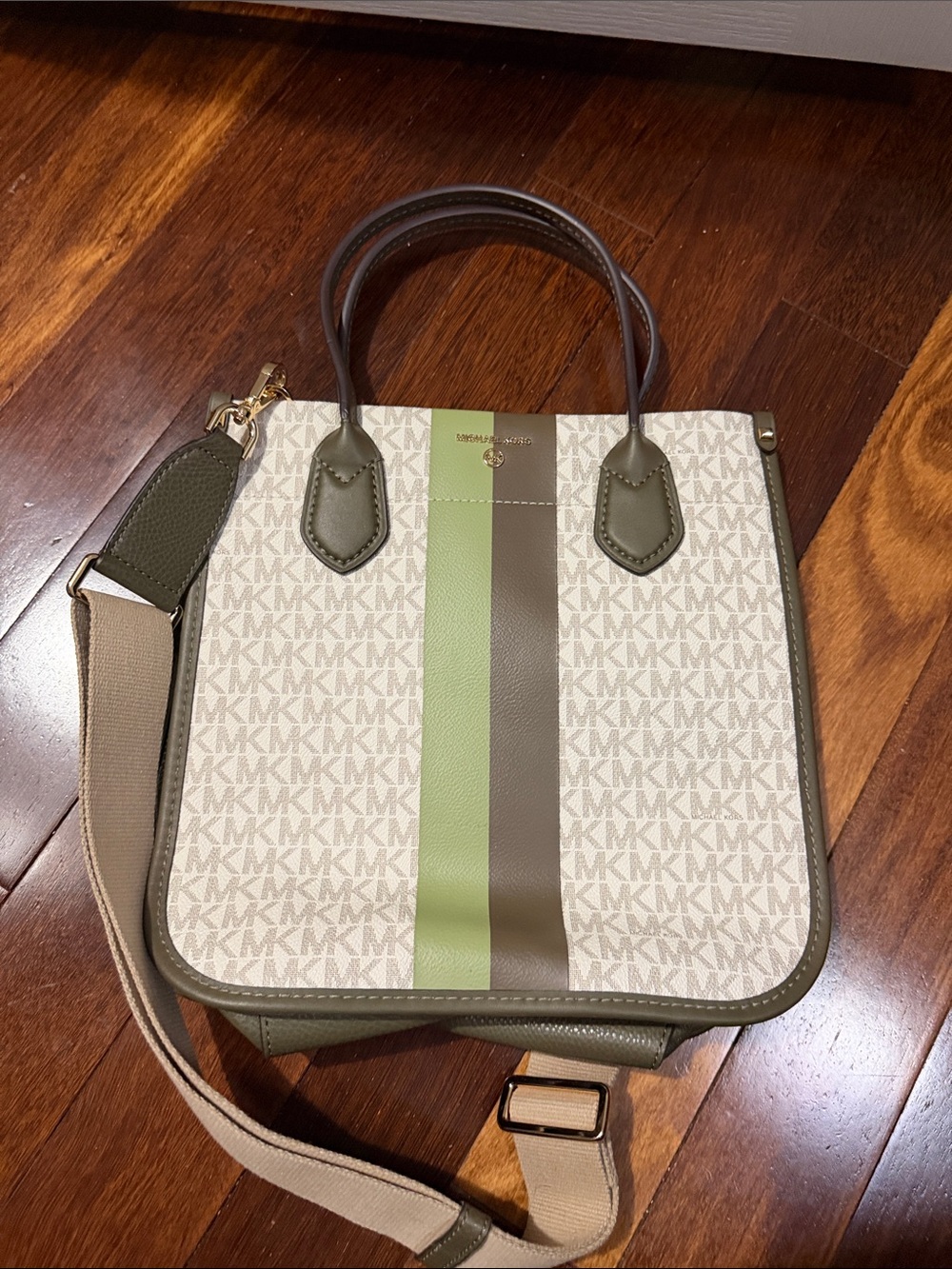 Michael Kors Olive & Cream Stripe Satchel with Crossbody Strap
